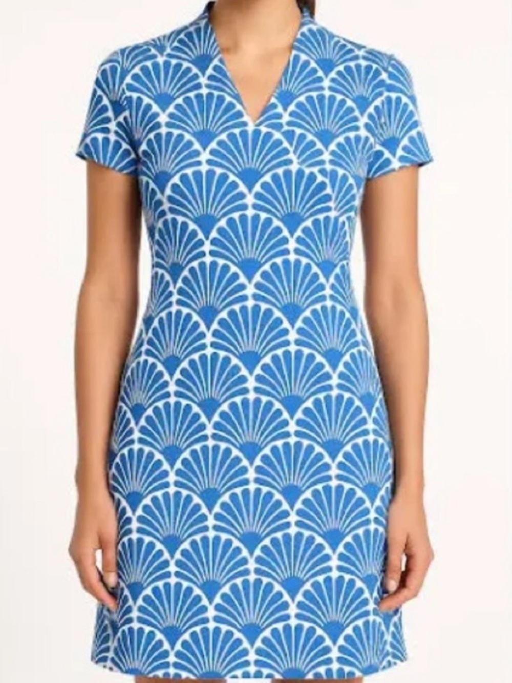 J McLaughlin Ivana Catalina Cloth Blue White Fan Print V Neck Mini Dress Medium